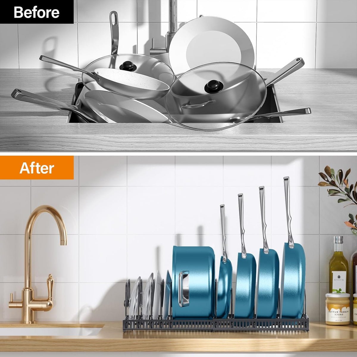 ORDORA Pots and Pans Organizer Under Cabinet, Expandable Cutting Board Pot Lid Organizer for Cabinet Holder with 10 Adjustable Dividers for Kitchen Storage