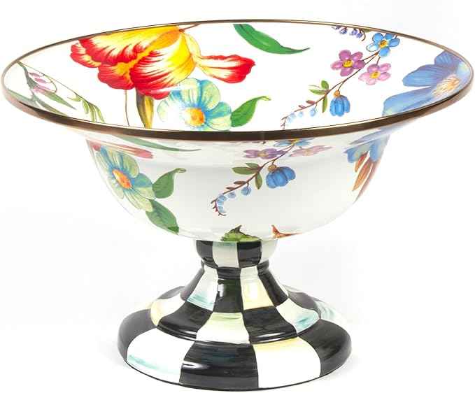 MACKENZIE-CHILDS Enamel Compote, Cute Enamel Pedestal Serving Dish or Decorative Bowl, Large, White Flower Market