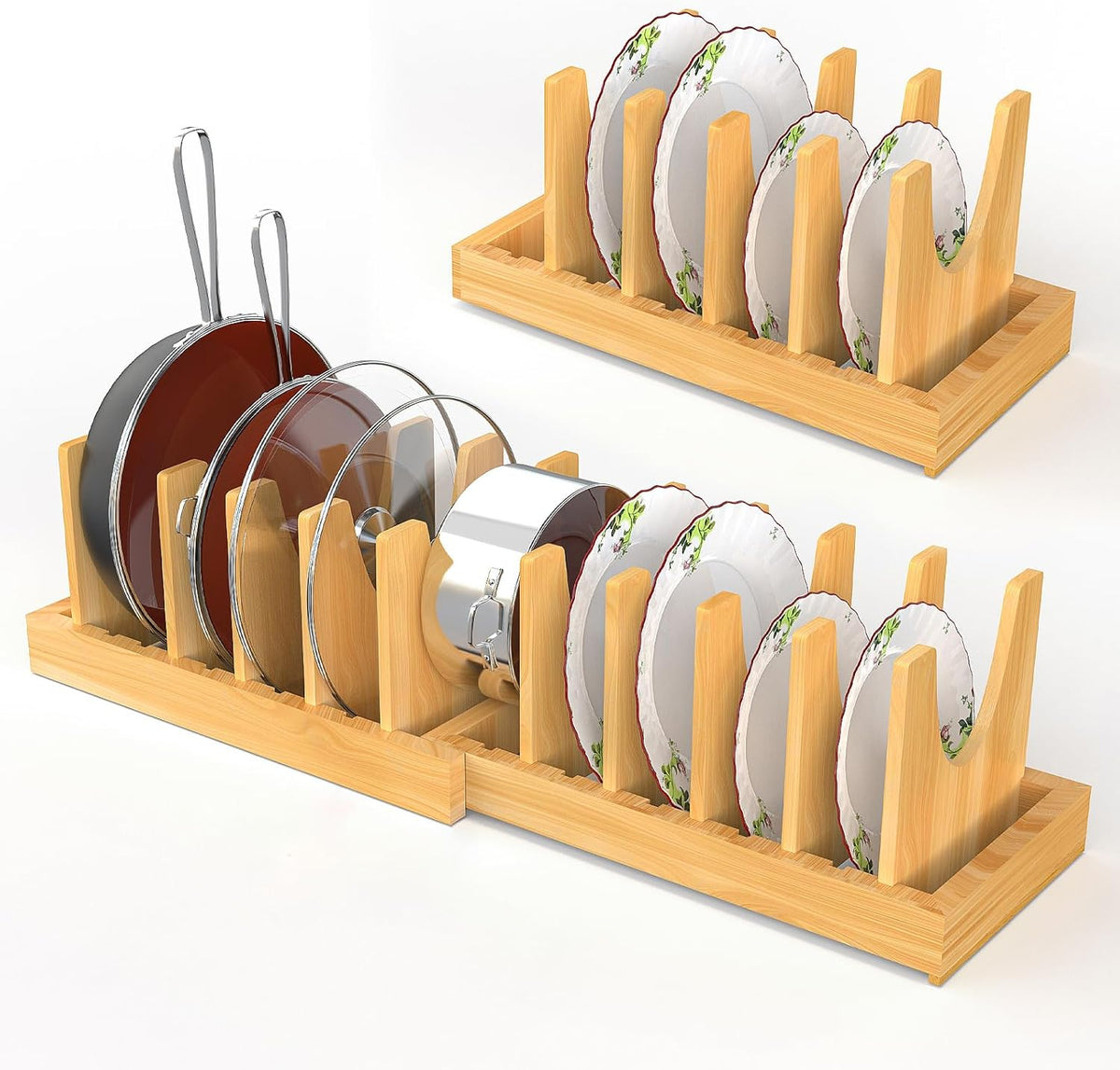Bamboo Expandable Pot and Pan Organizer Under Cabinet,2-in-1 Kitchen Cabinet Organizer with Adjustable 10 Dividers, Non-Slip Base for Pot Lids Holder, Cutting Board Organizers for Kitchen Storage
