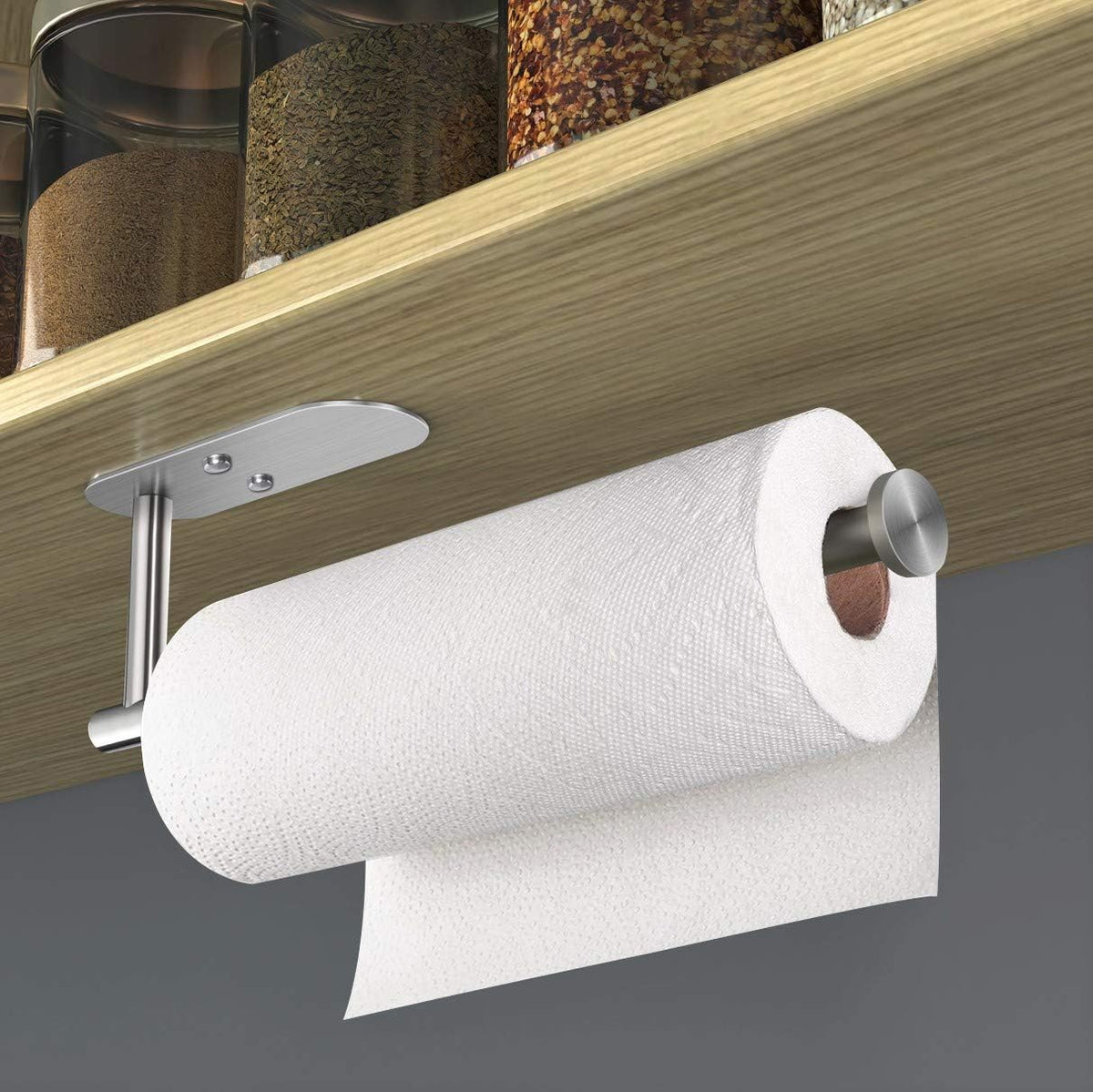 VAEHOLD Adhesive Paper Towel Holder Under Cabinet Mount, Wall Mounted Paper Towel Roll Holder for Kitchen Paper Towel, Stainless Steel（Silvery）