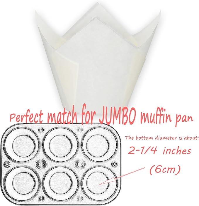 Jumbo Extra Large size White Tulip Baking Cups 2-1/4"(Base diameter) x 3-3/4"(Wall height) Greaseproof paper baking cupcake Muffin liners, Case of 130 pcs