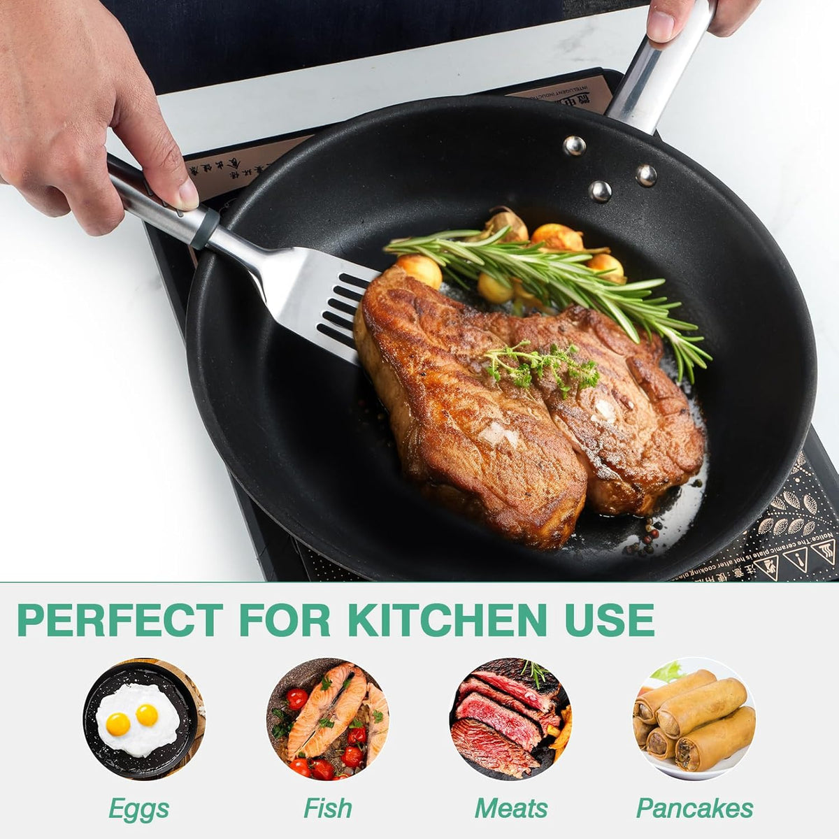 Fish Spatula, Stainless Steel Fish Turner Slotted Metal Spatula for Kitchen Use, Flipper Spatulas for Cast Iron Skillet, Egg, Meat, Cooking and Frying, Dishwasher Safe, Comfortable Handle