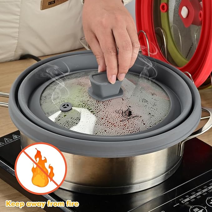 Microwave Splatter Cover Glass Splatter Guard Lid with Collapsible Silicone for Food Pot Plate Cover 10.8 inch Light Grey