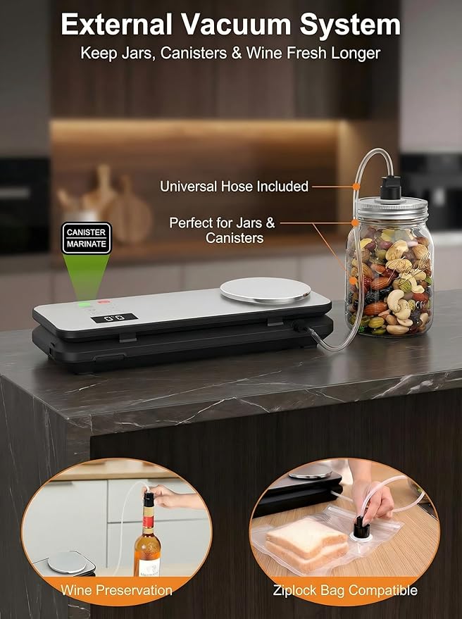 Vacuum Sealer for Food, 90kPA Powerful Food Saver Vacuum Sealer Machine with Digital Kitchen Scale, 12-in-1 Food Vacuum Sealer with Dry & Moist Food Modes, 10 pcs & 1 Roll Vacuum Bags, Starter Kits