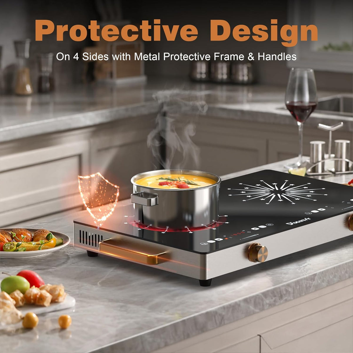 2 Burner Electric Cooktop 110V - 24 Inch Countertop Electric Stove with Handles 2000W, Two Burner Ceramic Burner with LCD Touch Screen and Knob Control, Timer, Safety Lock, 120V Plug in