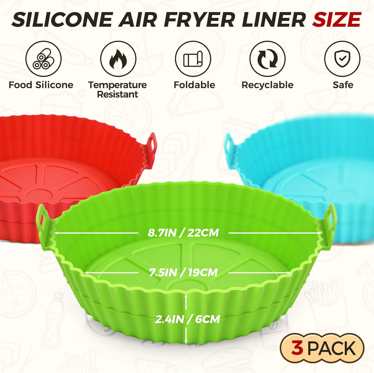 3 Pack Air Fryer Silicone Liners for 5 QT or Bigger, Reusable Food Grade Silicone Airfryer Liners Pot Baking Basket Accessories Replacement of Flammable Disposable Parchment Paper Top 8.7 inch