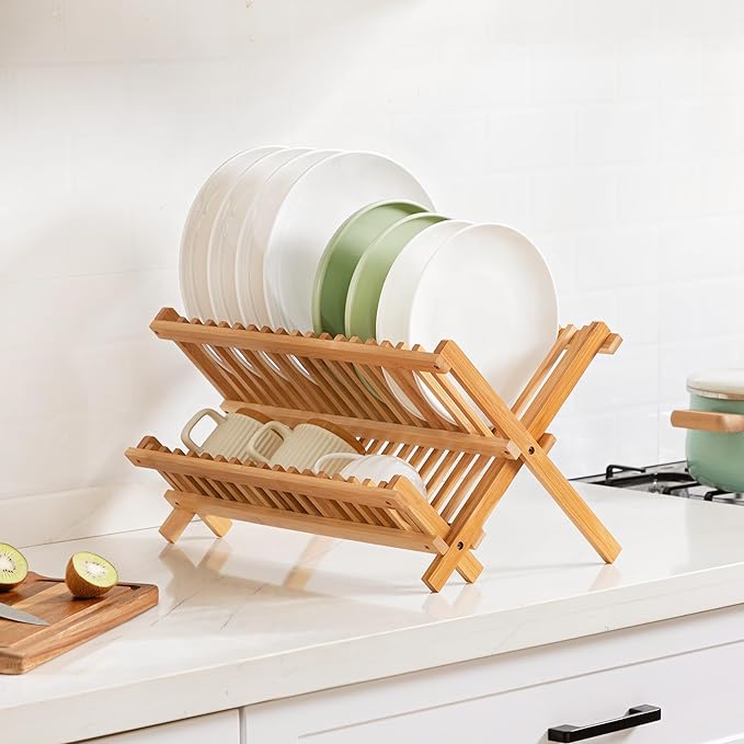 Bamboo Dish Drying Rack with Utensil Holder, 2 Tier Collapsible Dish Rack for Kitchen Counter, Large Folding Drying Holder, Dish Drainer, Kitchen Organizers and Storage