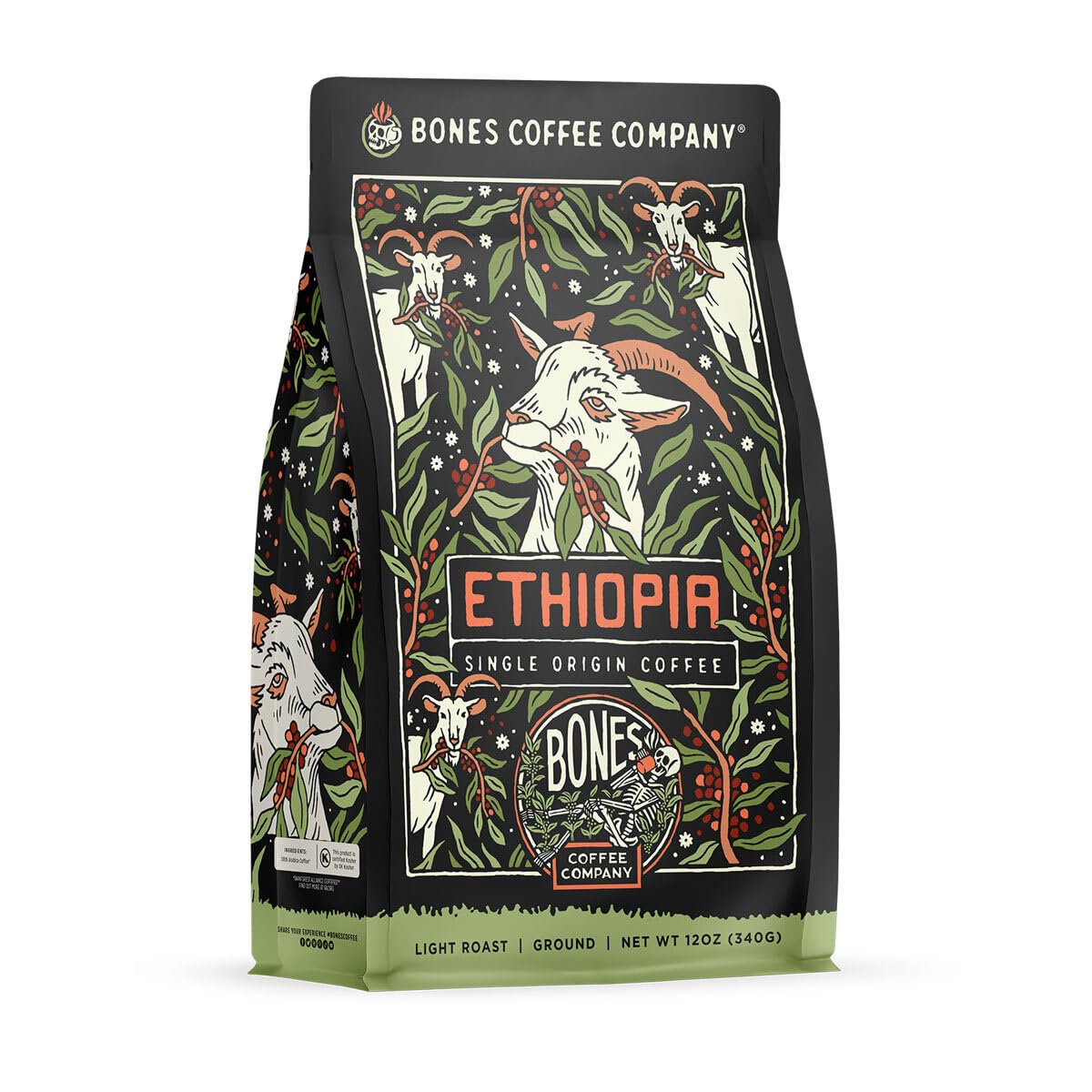 Bones Coffee Company Ethiopia Single-Origin, Citrus, Floral and Berries Notes, Ground Coffee Beans, Low Acid Light Roast Arabica Beans Flavored Coffee, 12 oz Ground