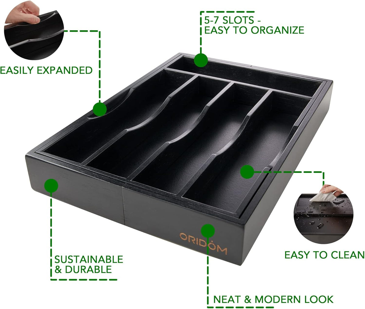 Expandable Bamboo Kitchen Drawer Organizer for Cutlery and Utensils, Adjustable Bamboo Wood Cutlery Tray in Drawer for Flatware and Silverware in Kitchen, (Black)