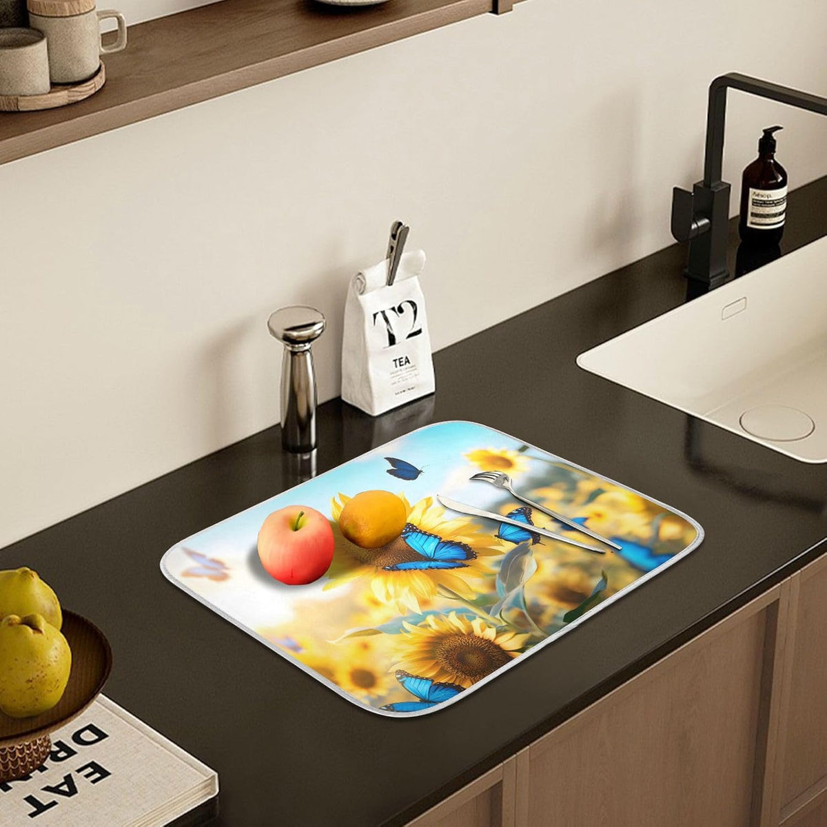 Blooming Sunflowers Blue Butterfly03 Dish Drying Mat for Kitchen Counter Absorbent Microfiber Small Drying Pad Dish mats for Kitchen Countertops 16 x 18 Inch