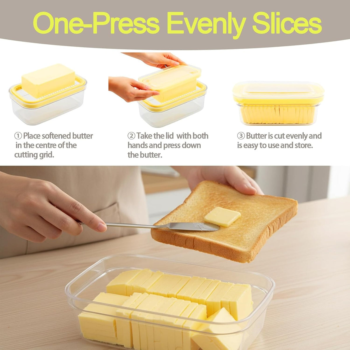 Butter Dish Slicer Cutter with Lid Sealed Butter Container with Stainless Steel Cutting Grid & Fork for Kitchen Countertop or Refrigerator Storage