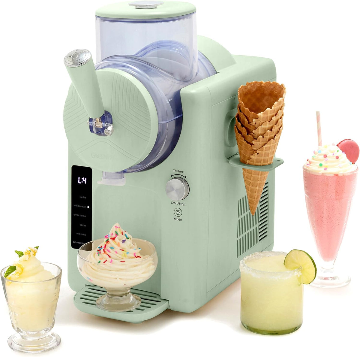 GreenPan Frost Ice Cream Machine & Frozen Drink Maker, Soft Serve, Slushie, Sorbet, Milkshakes & Cocktails, No Freezer Needed, 7 Textures, Quiet & Rapid, Easy Clean, Family Size, Pistachio Sage