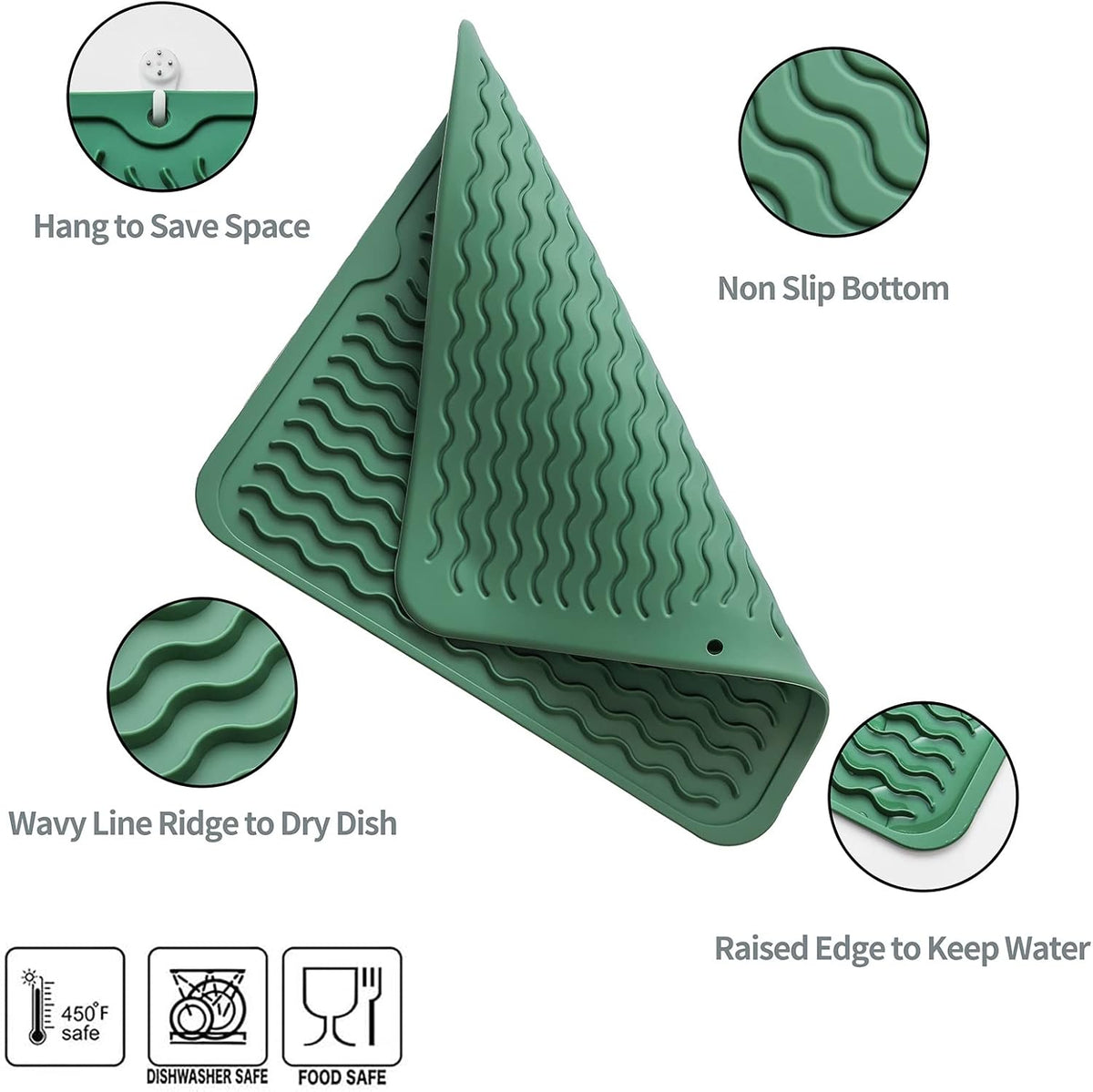 Silicone Dish Drying Mat for Multiple Usage,Easy clean,Eco-friendly,Heat-resistant Silicone Mat for Kitchen Counter or Sink,Refrigerator or Drawer liner Green M 12 inches x 12 inches