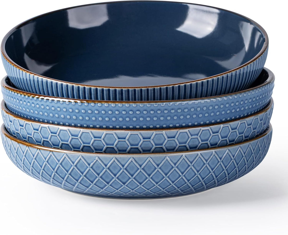 GBHOME 9.5'' Large Pasta Bowls, 42 Ounce Stoneware Salad Bowls for Kitchen, Ceramic Serving Bowls With Textured Pattern for Pasta,Fruit, Stews,Noodle, House-warming Gift, Set of 4-Moonlight Blue