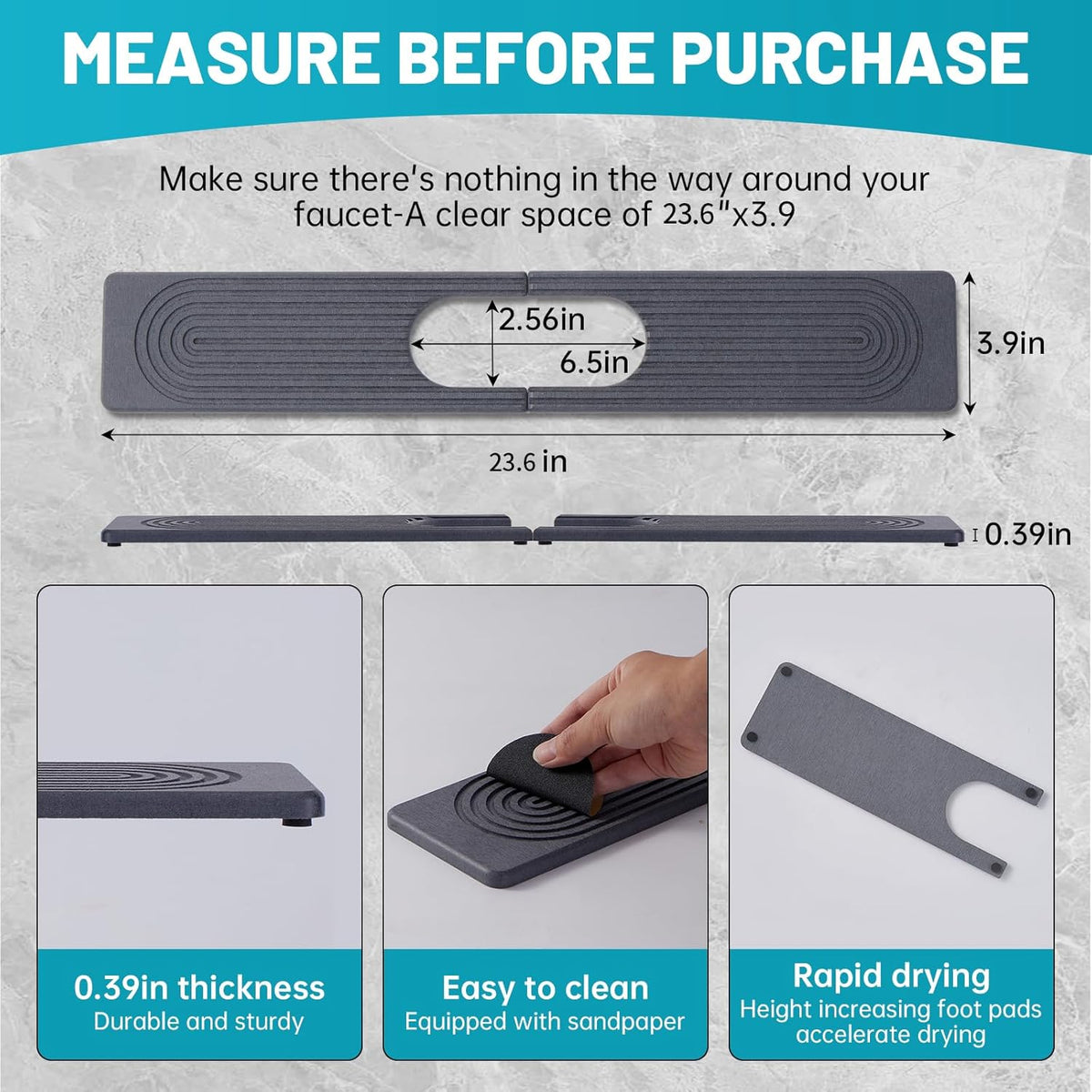 Stone Faucet Mat for Kitchen Sink with Oval Hole – 23.6" × 3.9" Diatomite Drying Stone Mat & Sink Protector, Quick-Dry Splash Guard Water-Absorbing Tray for Bathroom Counter（Dark Gray.23.6" x 3.9"）