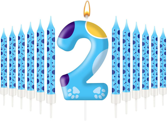13PCS Blue Dog Paw Birthday Candles Set Cake Topper Numeral Birthday Candles for Boy Girl Dog Paw Decoration(Number 2)