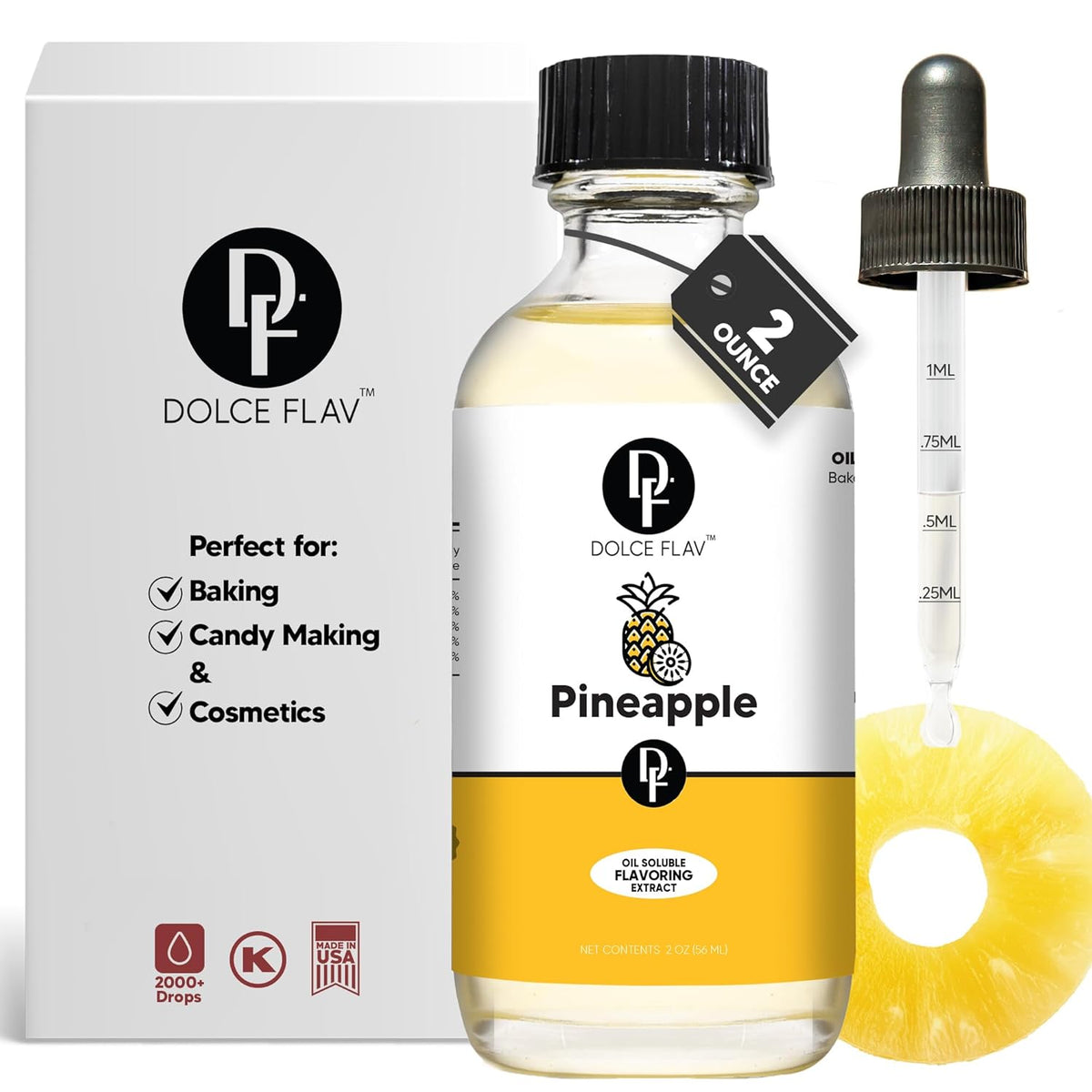 Dolce Flav Pineapple Extract – 2 Ounce Oil-Soluble Kosher, Sugar-Free, Concentrated Tropical Flavor for Candy, Chocolates & Desserts, Includes Measured Dropper