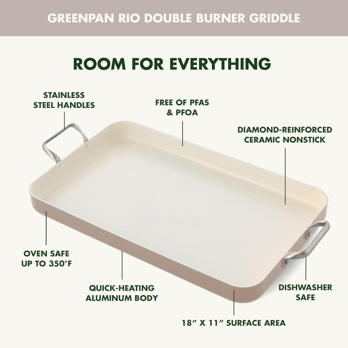 GreenPan 18" x 11" Double Burner Griddle Pan, Hard Anodized Healthy Ceramic Nonstick PFAS-Free, Stainless Steel Handles, Stovetop Cooking, Dishwasher Safe, Oven & Broiler Safe Cookware, Taupe