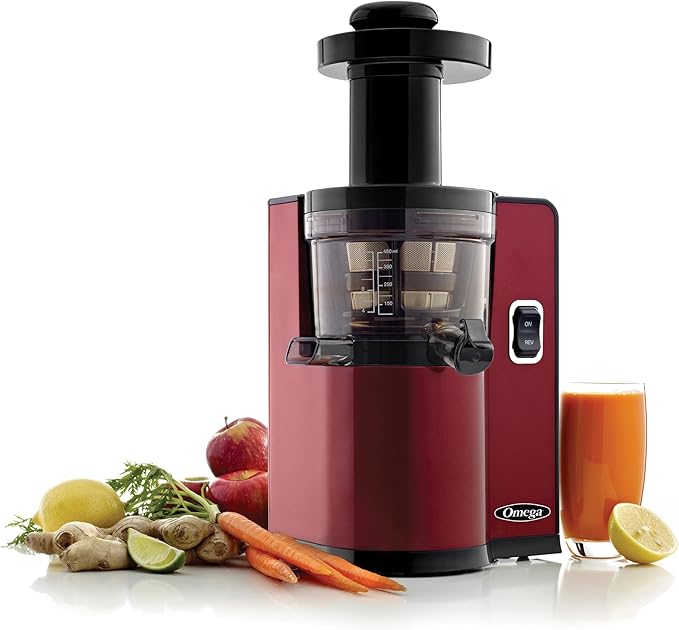 Omega Juicer Cold Press Vertical 43 RPM Slow Masticating Compact Juice Extractor for Fruits and Vegetables Quiet Operation with 3 Stage Auger Automatic Pulp Ejection and No-Drip Tap, 150-Watts, Red