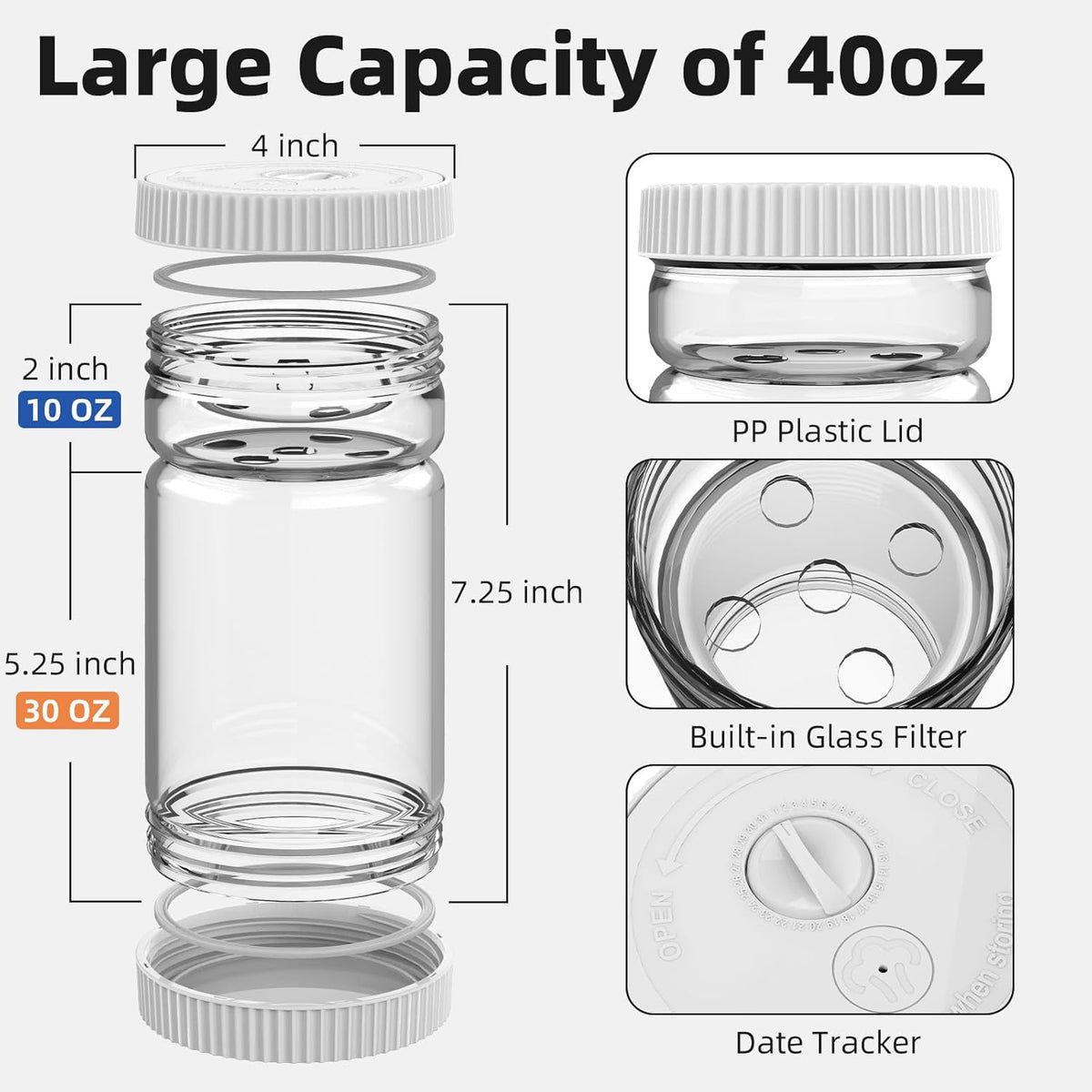 Pickle Jar with Strainer Flip Glass 40oz BPA-Free Airtight Pickles Juice Separator for Olive Jalapeno, Food Storage Containers with Lids for Pickles Lover, Grey