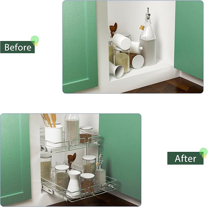 LOVMOR 2 Tier Individual Pull Out Cabinet Organizer 22½" W x 21½" D, Slide Out Kitchen Cabinet Storage Sliding Shelves