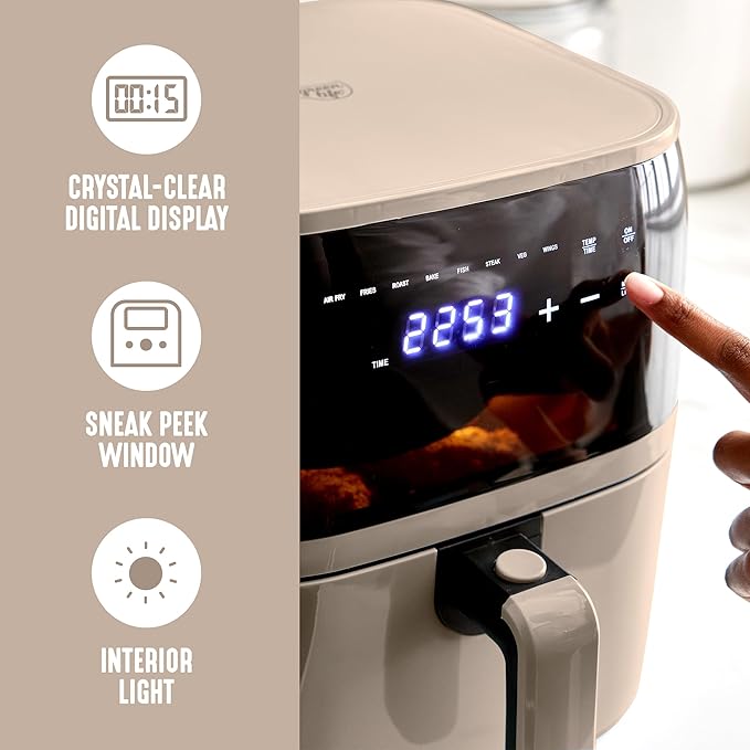 GreenLife Compact Electric Air Fryer Oven, 5.3 QT, PFAS-Free Ceramic Nonstick Drawer, 8 One Touch Digital Display, Easy View Window, Auto Shut-Off Timer, Dishwasher Safe Parts, 1500 Watts, Taupe