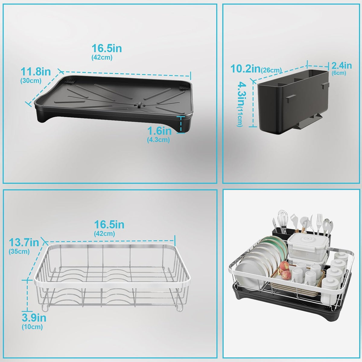 Dish Drying Rack 304 Stainless Steel Dish Rack with Drainboard,Space Spaving Auto-Draining Drying Racks for Kitchen Counter,Large Capacity Dish Racks for Bowls, Cups, Dish Drainer Black