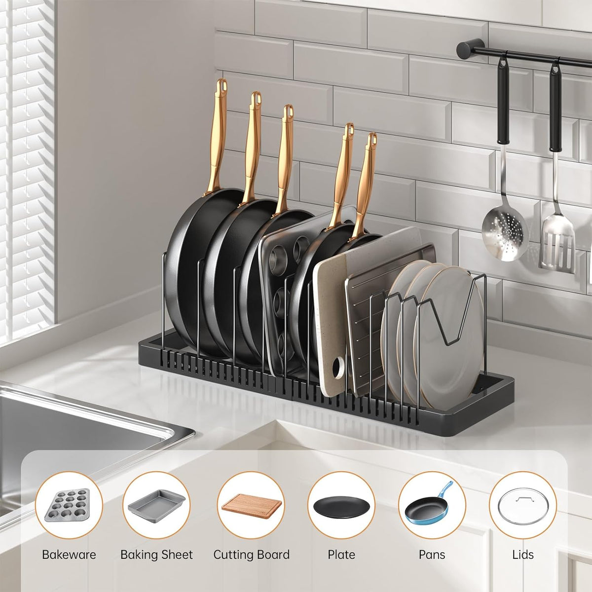 Pots and Pans Organizer under Cabinet, Expandable Pot Lid Organizer Holder with 12 Adjustable Compartment, Pan Organizers inside Cabinet for Lids, Bakeware, Kitchen Storage Pot Rack, Black