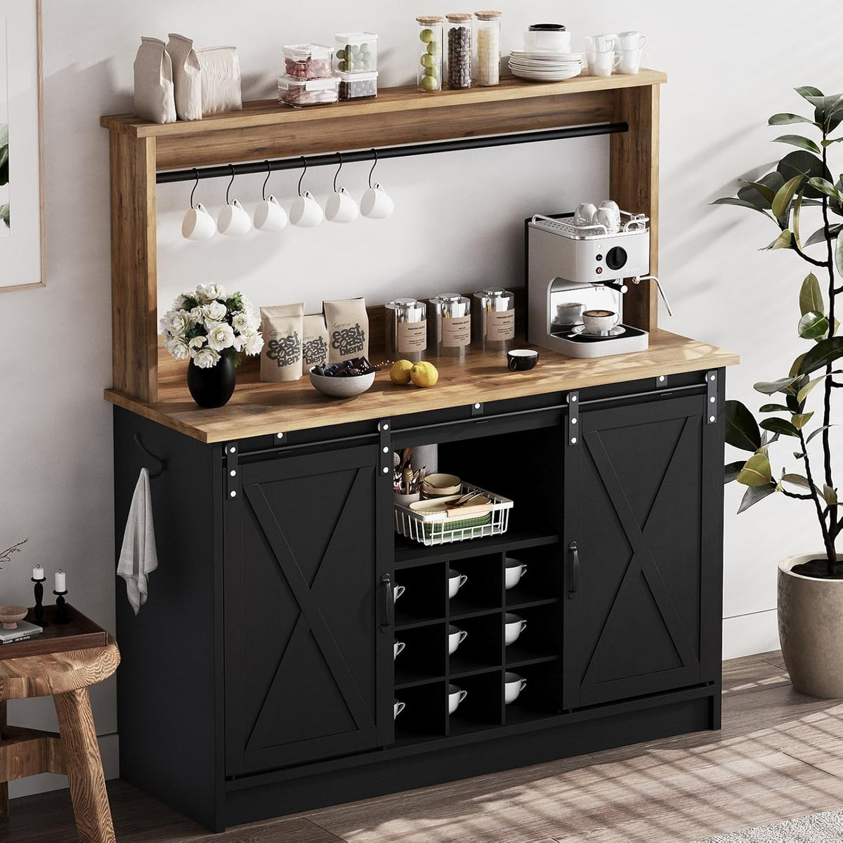 4ever2buy Farmhouse Coffee Bar Cabinet with Storage, 47'' Buffet Cabinet with Hutch and Sliding Barn Door, Coffee Bar with 9 Wine Racks and 6 Hooks for Dining Room, Living Room, Black
