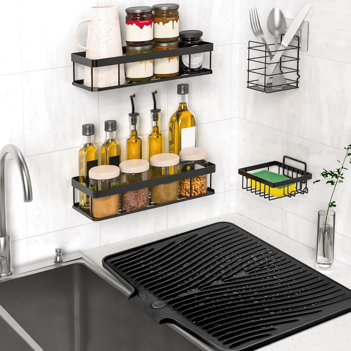 Dish Drying Mat, Stone Drying Mat for Kitchen Counter with Built-in Drain, Non-Slip Drying Matt Kitchen Counter, Heat Resistant Silicone Drying Mat, Dish Drying Pad, 2 Pcs (Black 19.7" x 17")
