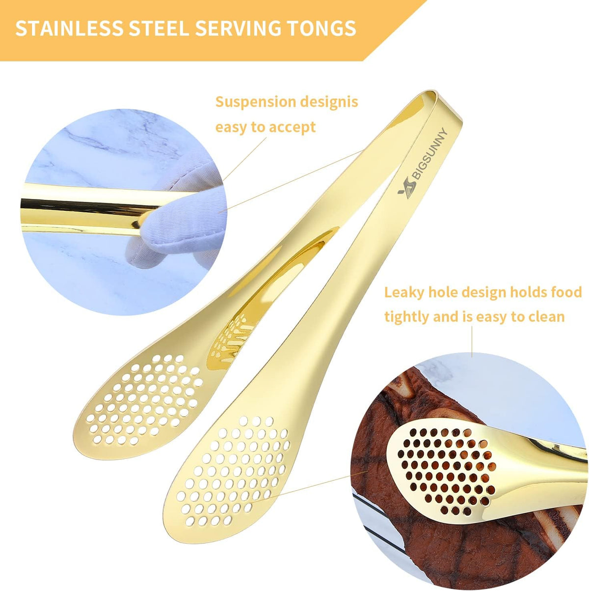 MSY BIGSUNNY 2 Pack Buffet Tongs, Gold-plated Stainless Steel Food Tongs Serving Tong