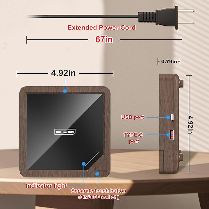 Coffee Mug Warmer with 2 USB Charging Ports: Auto Shut-Off Candle Wax Warmer - Heated Beverage Coffee Accessories for Home Office Desk - U1 Wood