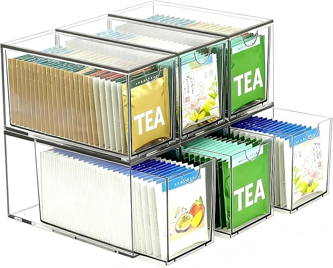6 Pack Stackable Tea Bag Organizer Drawers – Clear Acrylic Tea Bag Holder for Cabinet, Drawer, Pantry, Countertop – Kitchen Tea Storage Container