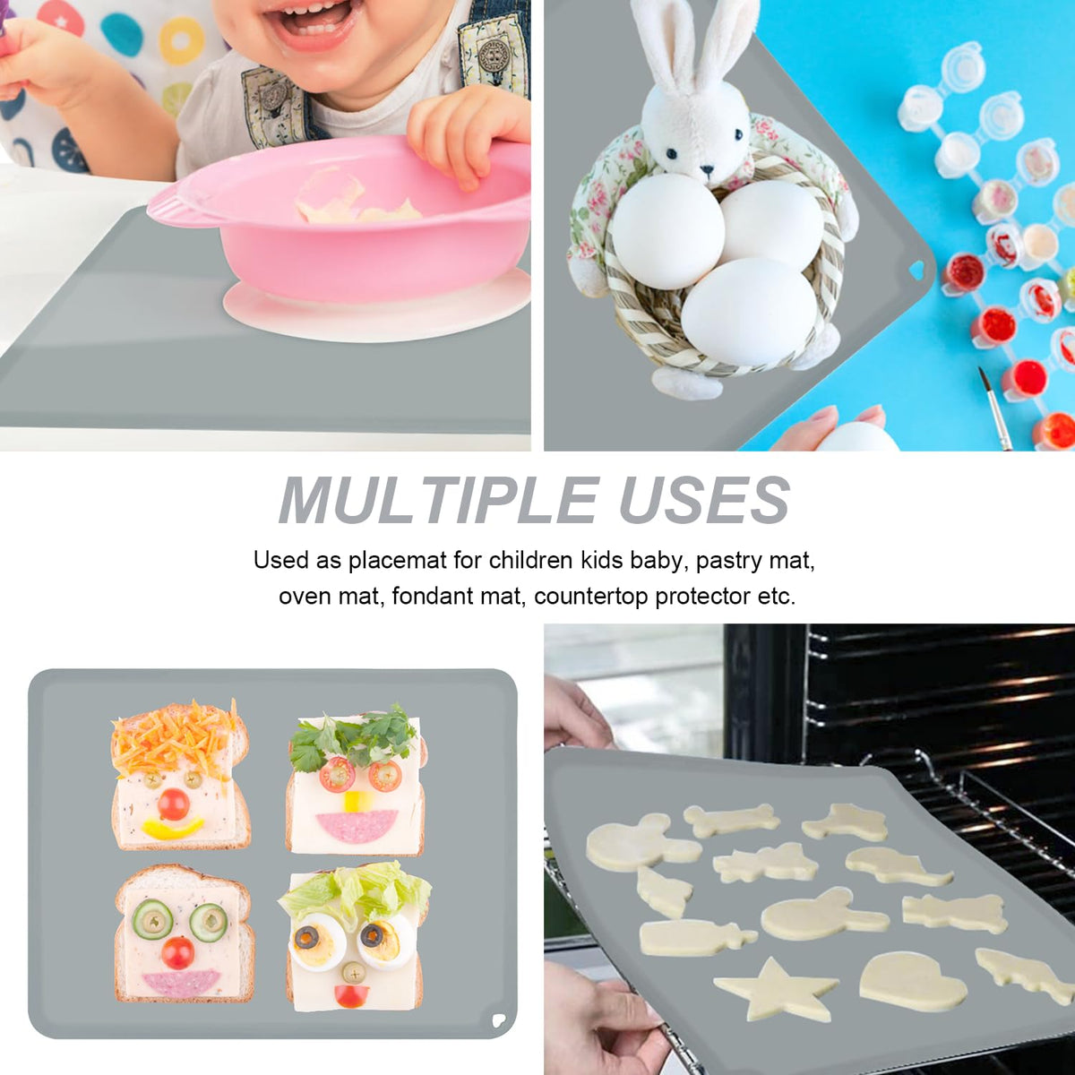 Silicone Placemats for Toddlers Thicker Version, Non-Slip Reusable Kids Placemats for Dining Table, Stain-Proof Baby Table Mat for Restaurants 4 Packs (Light Gray&Beige)