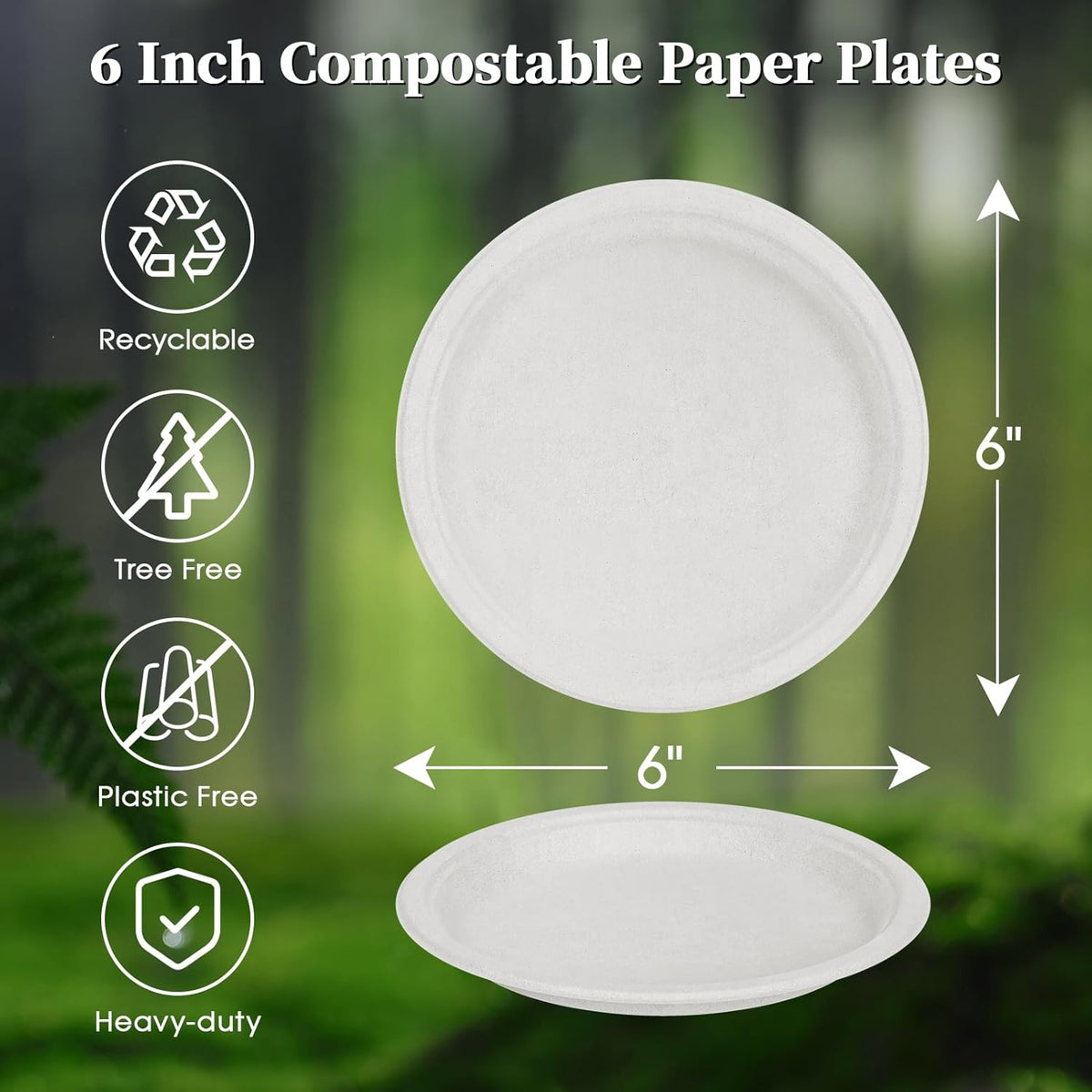 ECOLipak 6 Inch Disposable Compostable Small Paper Plates, 200 Pack Recycled Sugarcane Bagasse Biodegradable Heavy Duty Mini Dinner Appetizer Cake Dessert Plates for Party(White)