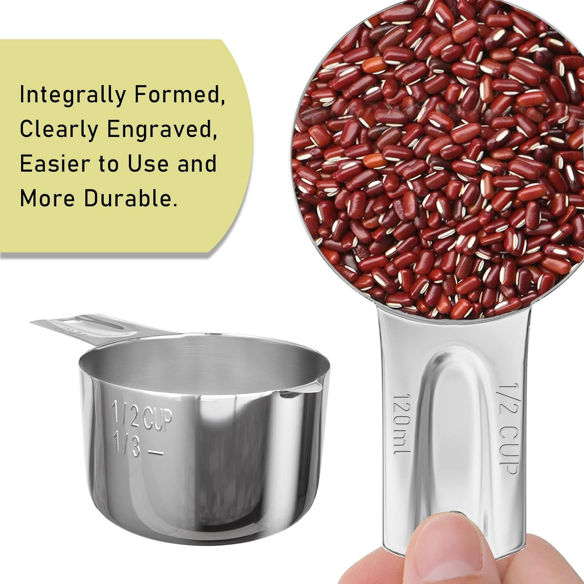 4PCS 1/2Cup (120ml, 4oz) Single Measuring Cup, Stainless Steel Measure Scoop, Metric and US Measurement, Dishwasher Safe