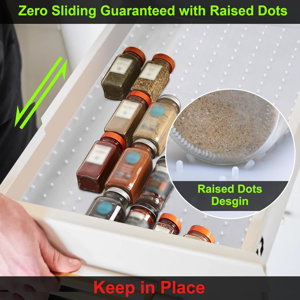 Gosmol Spice Drawer Organizer insert, Adjustable & Non-Slip Silicone Spice Drawer Liner, in Drawer Spice Organizer for Seasoning Jars and Spices Bottles -White