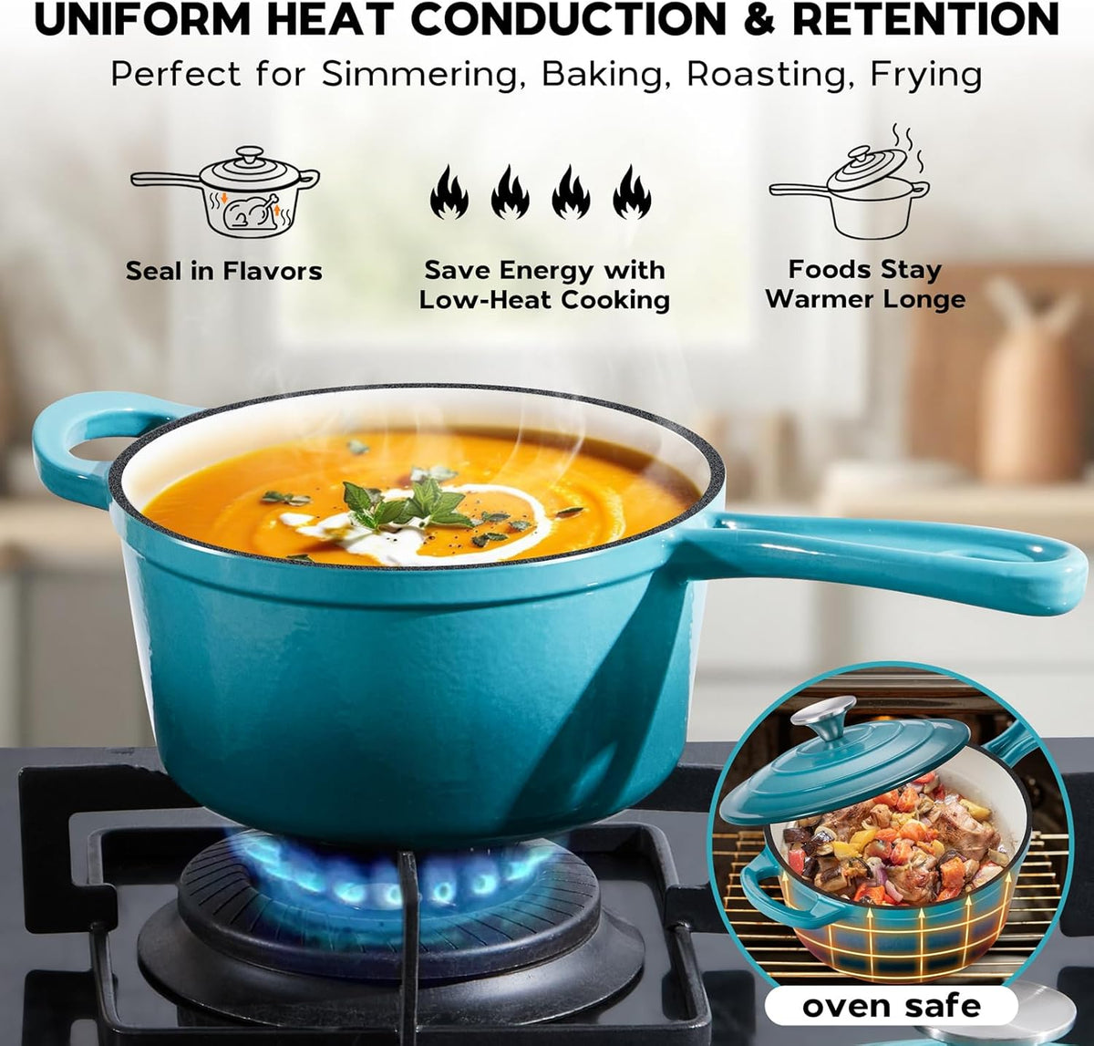 Enameled Cast Iron Sauce Pan, Onader 2QT Saucepan with Lid, Small Cast Iron Pot for Cooking, Enamel Dutch Oven Nonstick & Heavy Duty – Dark Cyan