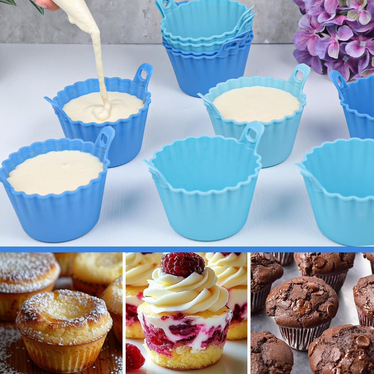 Koluti Nonstick Silicone Muffin Baking Cups Pack of 8, Reusable Cupcake Molds with Double Handle, BPA Free, Small Round Air Fryer Cupcakes Liner, 2 Colors