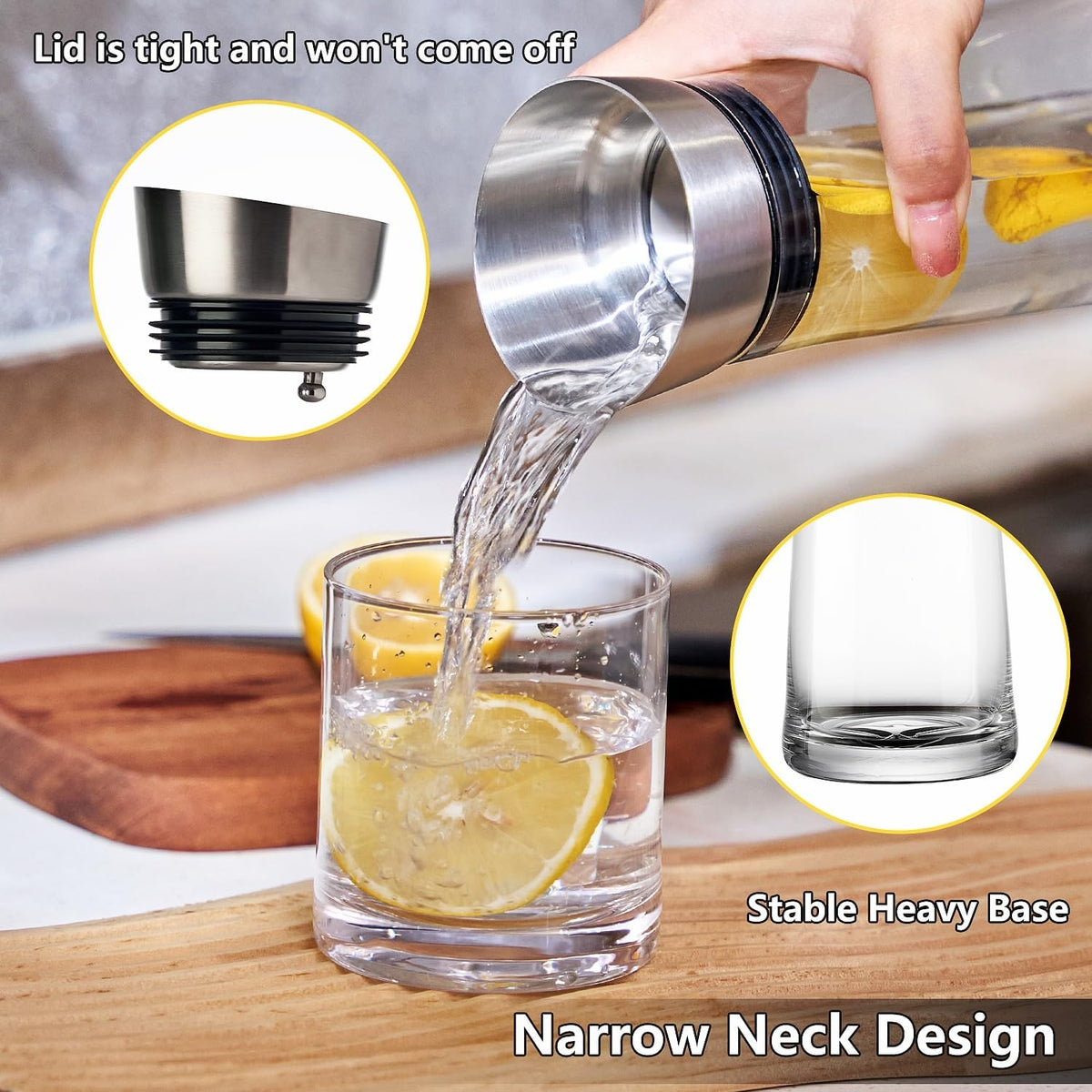 Glass Water Carafe with Lid,1200ml Glass Juice Pitcher with Stainless Steel Gravity Lid,Clear Water Pitcher for Ice Tea, Lemonade, Coffee,Juice Beverage,40 oz