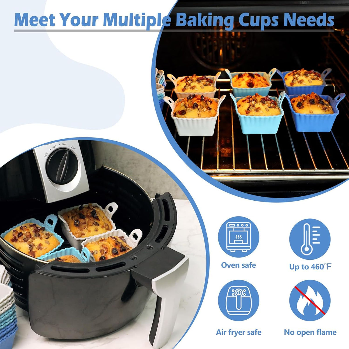 Koluti Reusable Silicone Baking Cups Set of 12, Nonstick Muffin Cupcakes Mold with Double Handle, BPA Free, Mini Square Air Fryer Cupcake Liners, 3 Colors