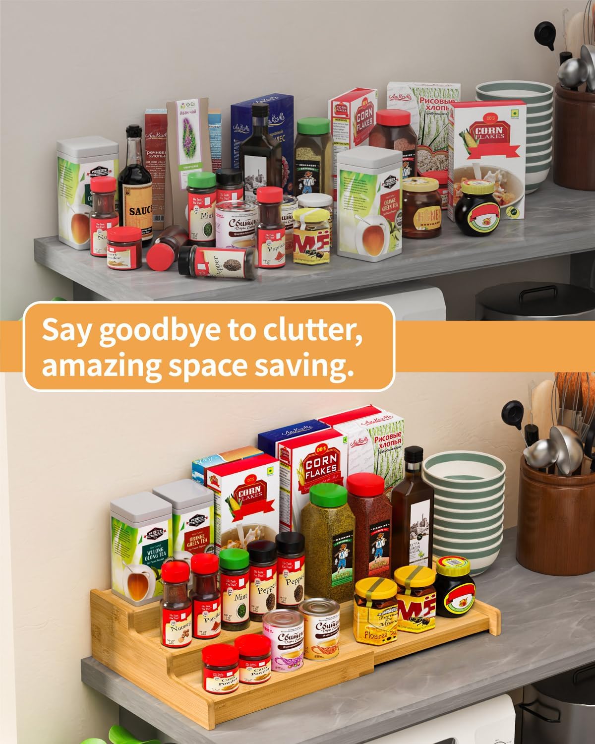 Spice Rack Organizer, 3 Tier Expandable Bamboo Spice Rack Organizer, Great for Kitchen Cabinet, Cupboard, Pantry and More-Bamboo(2pack)