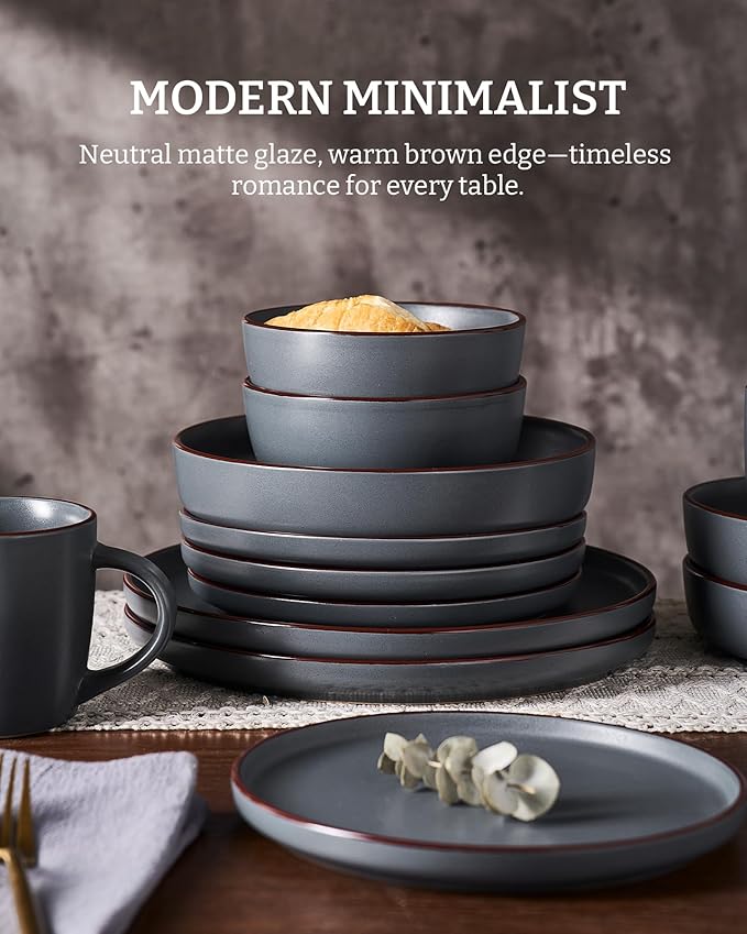 Famiware Mercury 24 Pieces Dinnerware Sets, Plates and Bowls Sets for 8, Microwave and Dishwasher Safe Dish Set, Charcoal