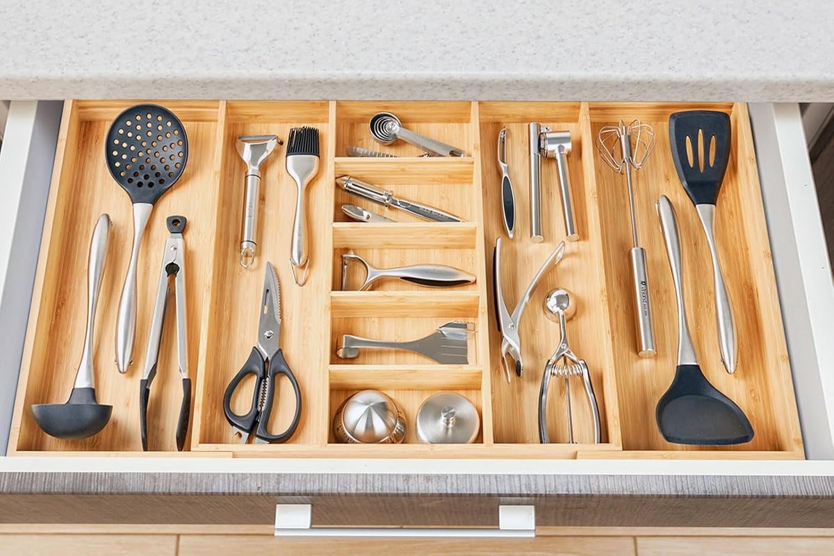 Umilife Extra Large Expandable Kitchen Drawer Organizer for Utensil and Junk, 19" Deep for Big Drawer, 19" to 33" Adjustable Bamboo Wood Drawer Divider, Cutlery Tray, Flatware Holder