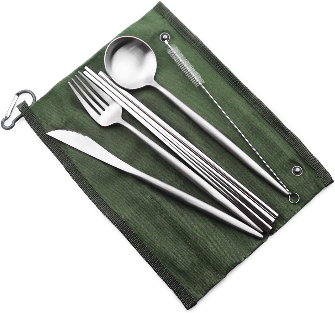 Gugrida Reusable Travel Utensils, 7 Pieces Portable 18/10 Stainless Steel include Knife Fork Spoon Chopsticks Cleaning Brush Straws Portable Pouch, Eco-friendly Camping Silverware Set, Dishwasher Safe