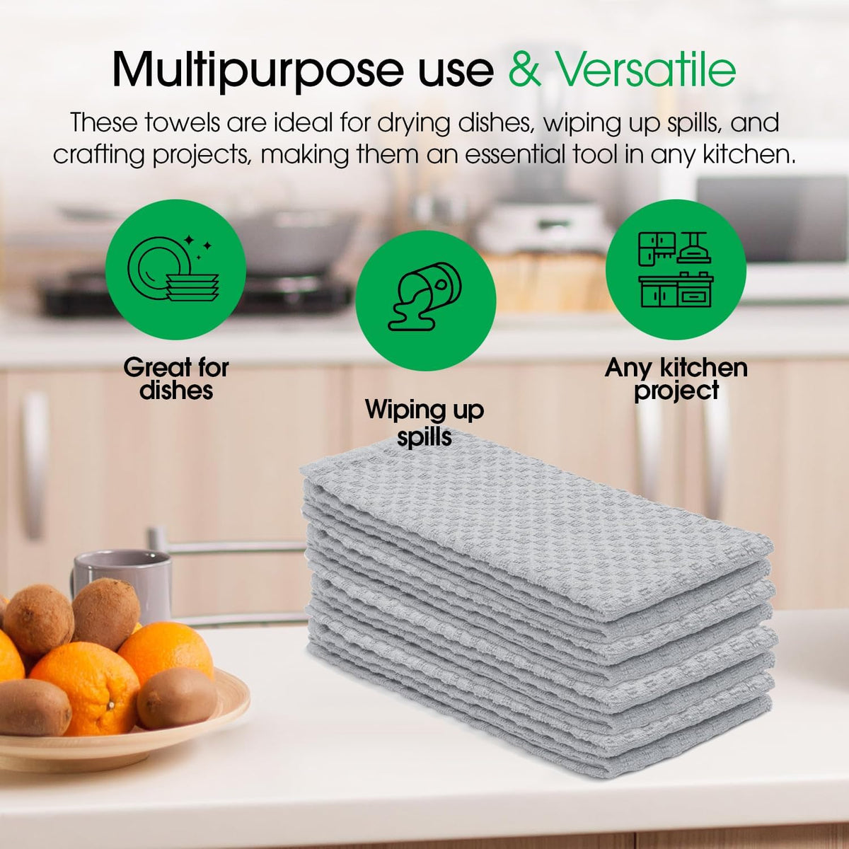 DG Collections Ash Grey Kitchen Towels - 100% Cotton Terry Tea Towels for Cleaning, Drying, and Highly Absorbent Kitchen Dish Cloth for Bar Cleaning - 8 Pack - 15 x 25 Inches
