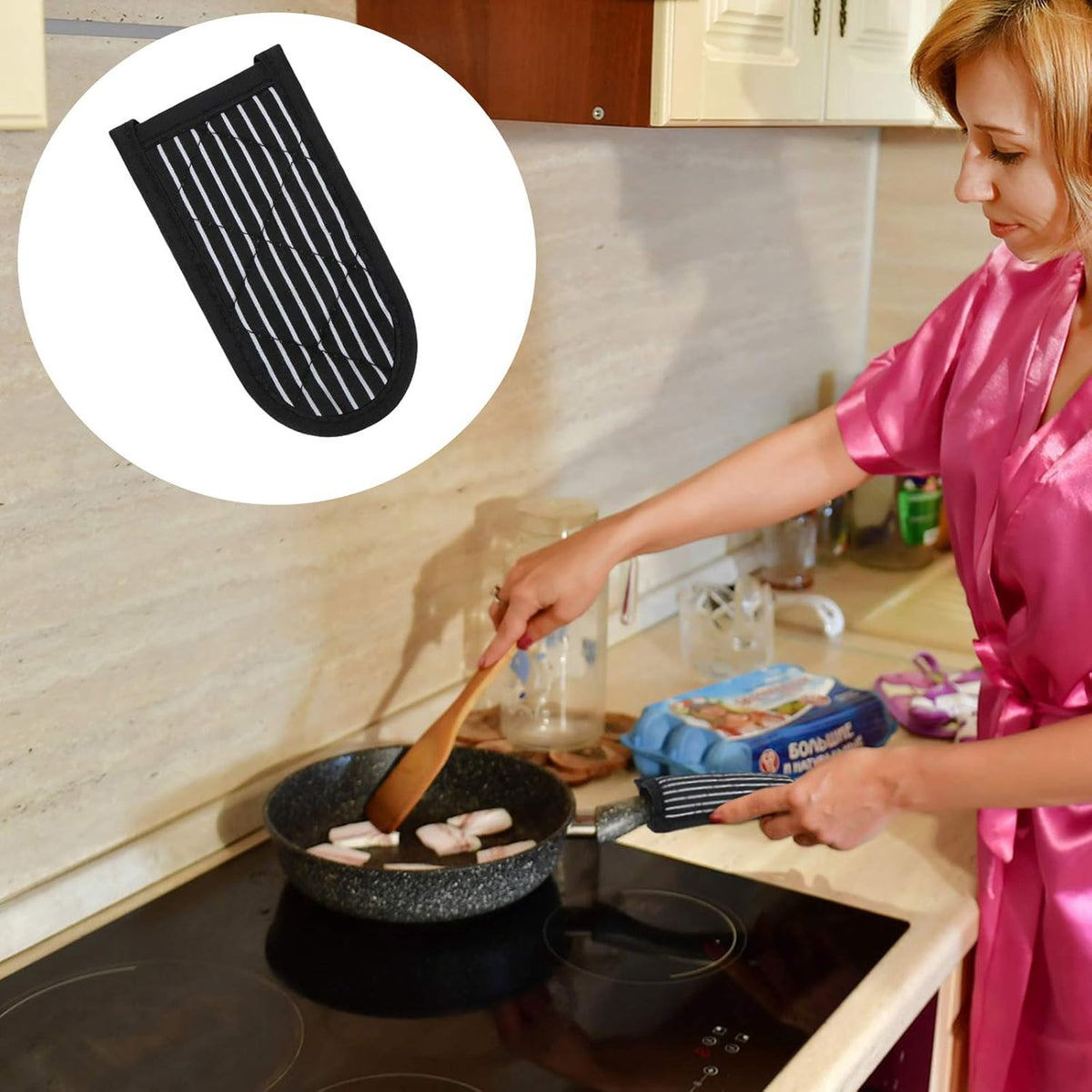 Patelai 4 Pcs Cast Iron Skillet Handle Covers Heat Resistant Pot Handle Covers Non Slip Cotton Pot Sleeves Holder Mitts Machine Washable for Kitchen Baking Cooking Cookwares(Striped Style)