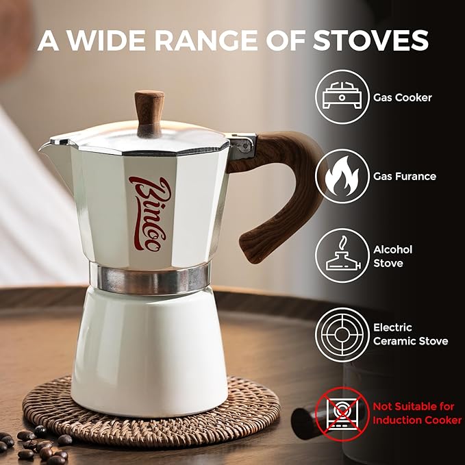 Bincoo Espresso Maker Stovetop, Moka Pot 6 Cups, Espresso Pot Classic Italian Coffee Maker,Single Safety Valve (White, 6 Cup)
