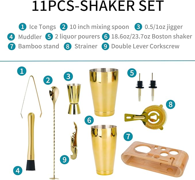 Cocktail Shaker Set Stainless Steel Shakers Bartending kit Bar Kits Bar Tool Sets for Professional Bartender and Home (Gold, 10-Pcs Boston Shaker)