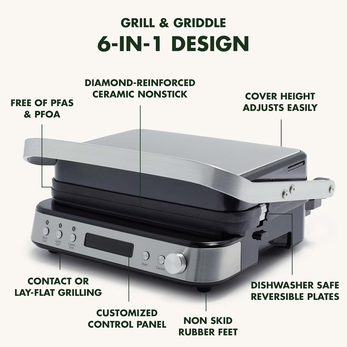 GreenPan Electric Indoor Stainless Steel 6-in-1 Contact Grill and Griddle, Healthy Ceramic Nonstick, Dishwasher Safe Reversible Plates, PFAS-Free